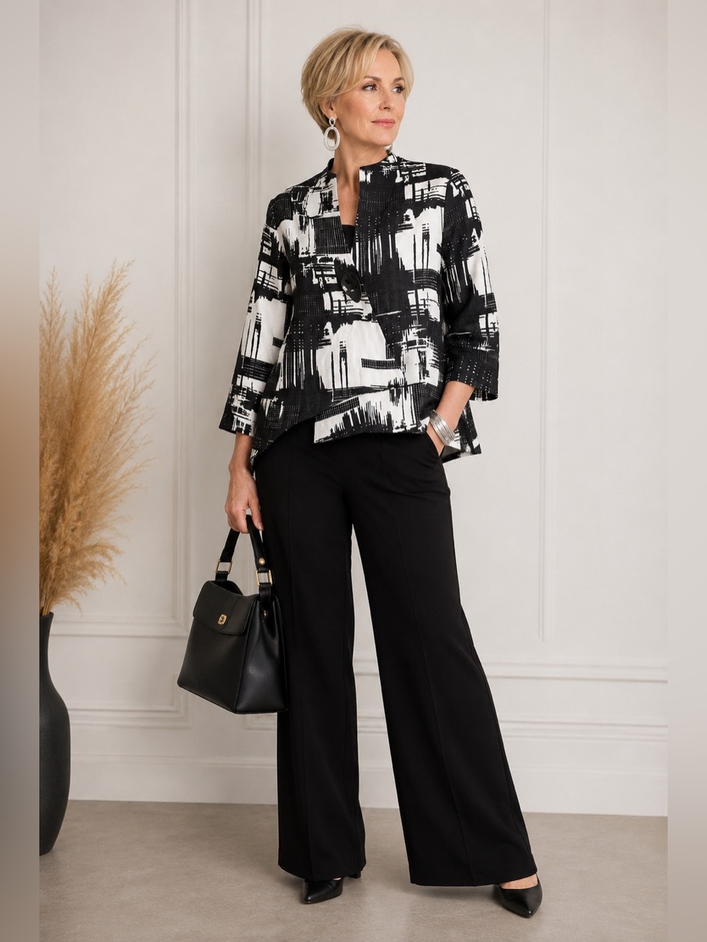 Joseph Ribkoff Abstract Black White Textured Jacket One Button Blazer Jacket